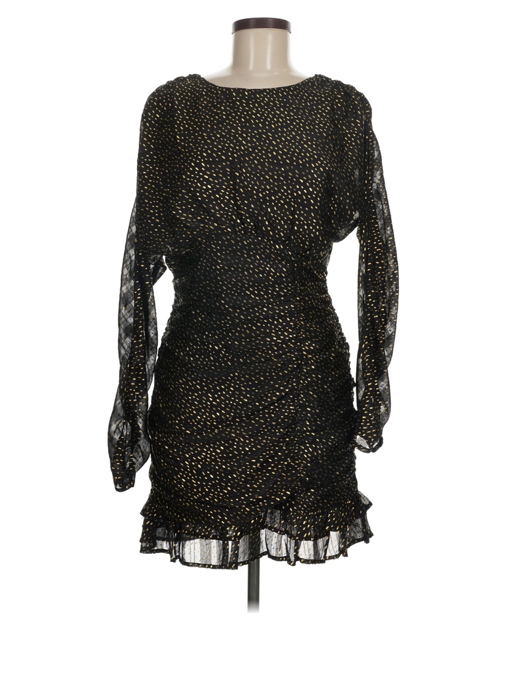 Aqua Black Dress with Gold Dot Accents — Long Sleeve Ruched Mini